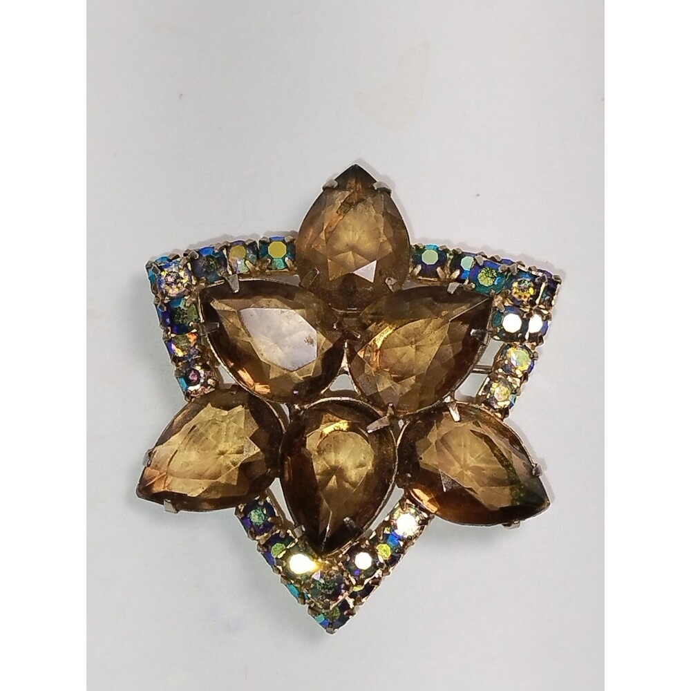 2" Smoked Topaz Star Shaped Rhinestone Broach With Borealis Stones vtg
